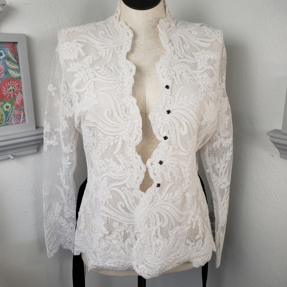 Victor Costa White Lace Embroidery Sheer Formal Feminine Snap Victorian - Picture 7 of 15